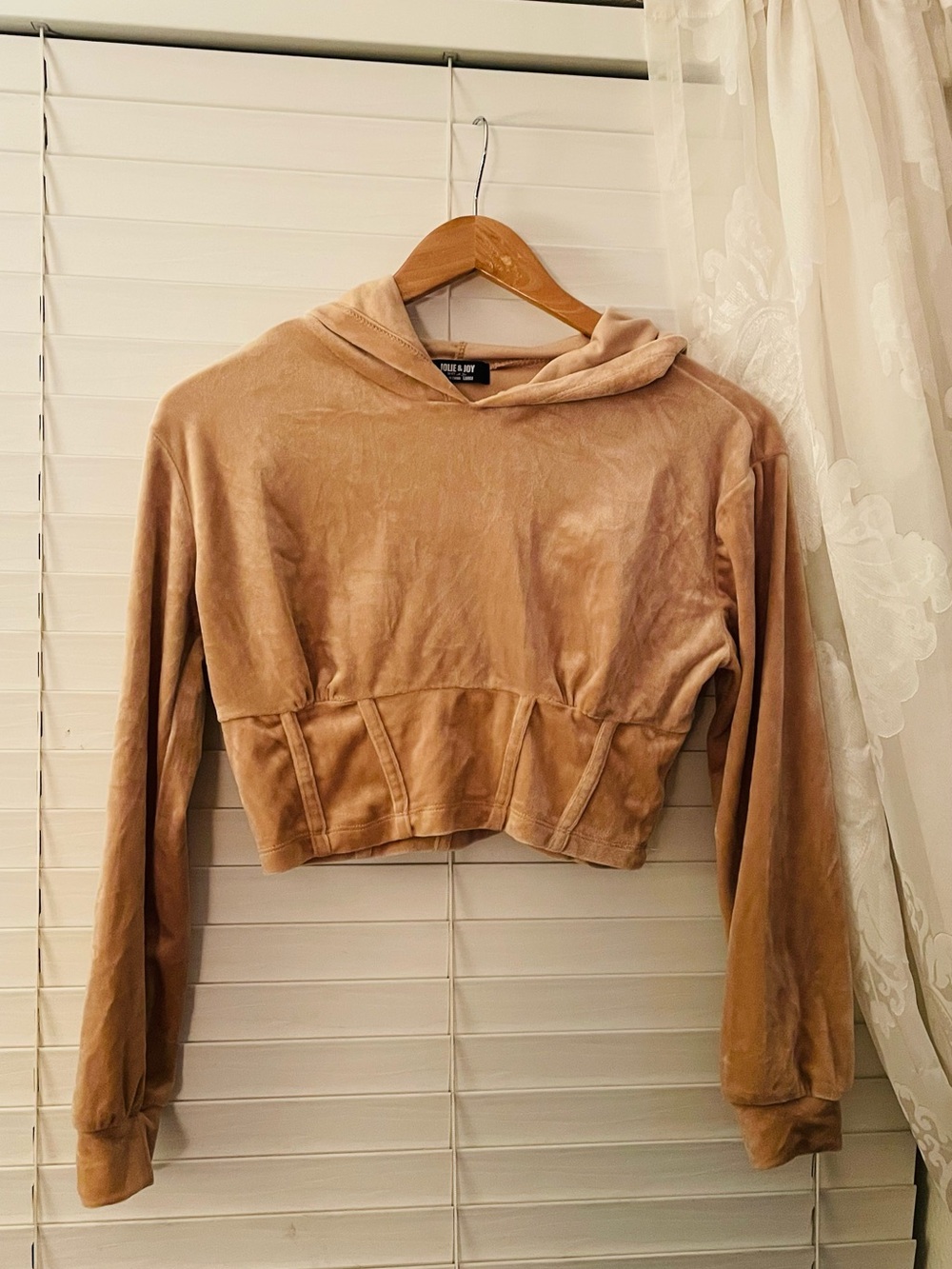 Cropped Velour Hoodie in Tan - Boutique & Jane